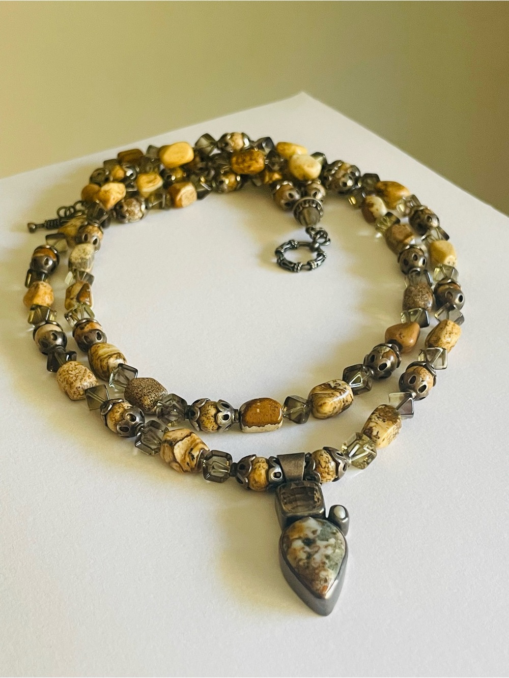 STARBORN Sterling Jasper Smokey Quartz and Pearl Pendant Beaded Necklace
